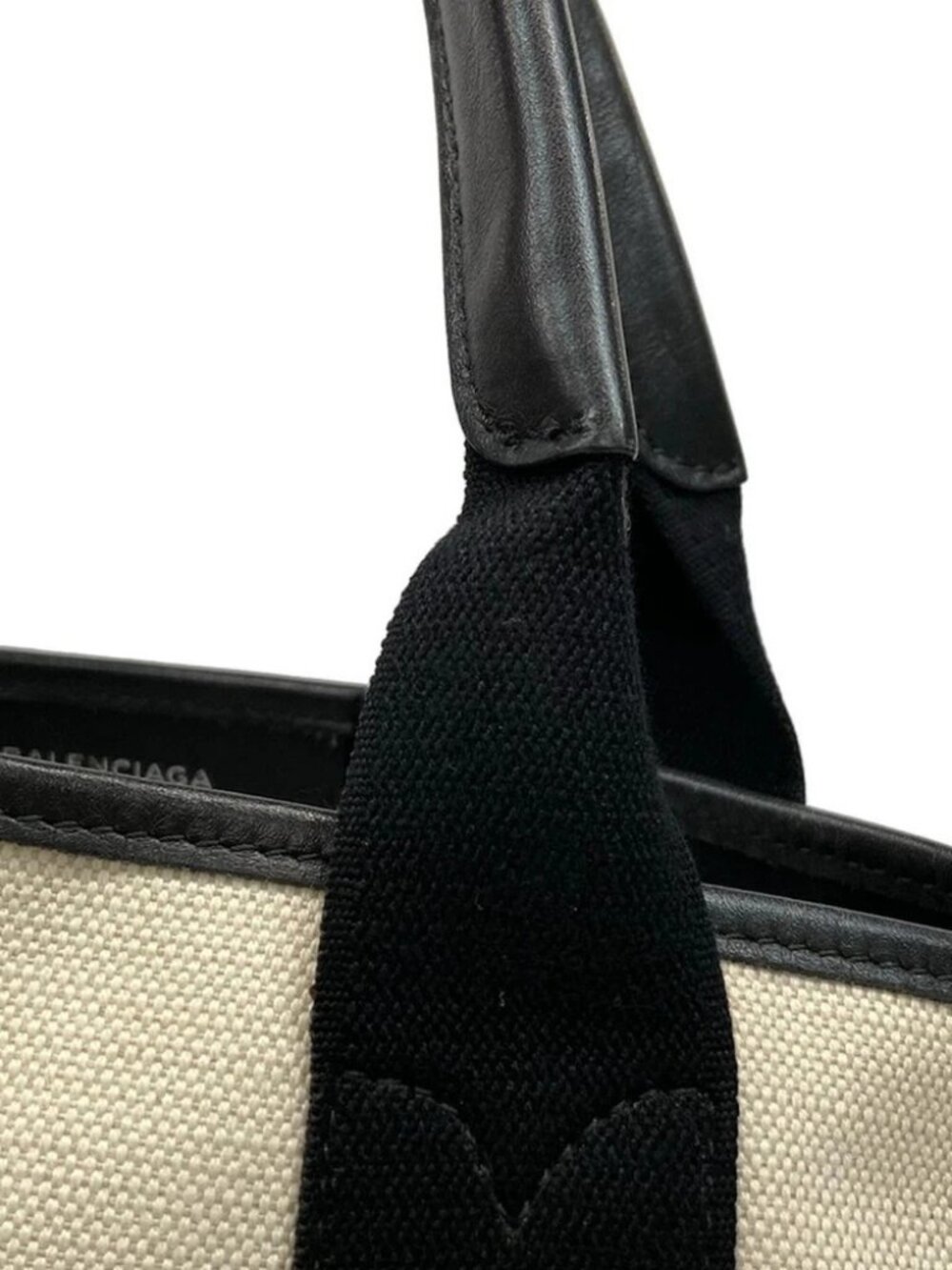 BALENCIAGA Navy Cabas S 339933 Cream Black Canvas Leather Tote Bag - Picture 8 of 14